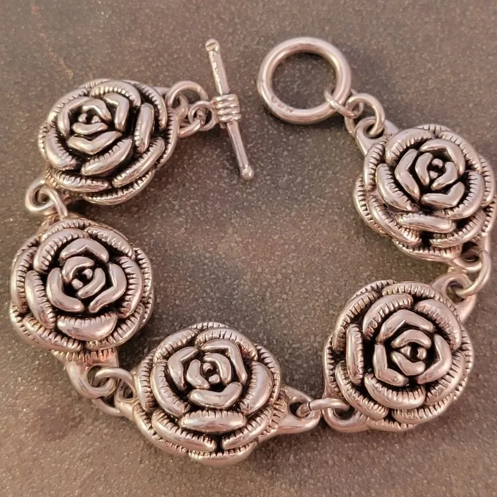 Vintage Sterling 3D Rose Flower Design Link Bracelet